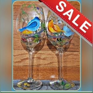 Pair (2) Tall 9" Painted #Wine Glasses #Tropical Birds Butterflies Leaves #NWOT